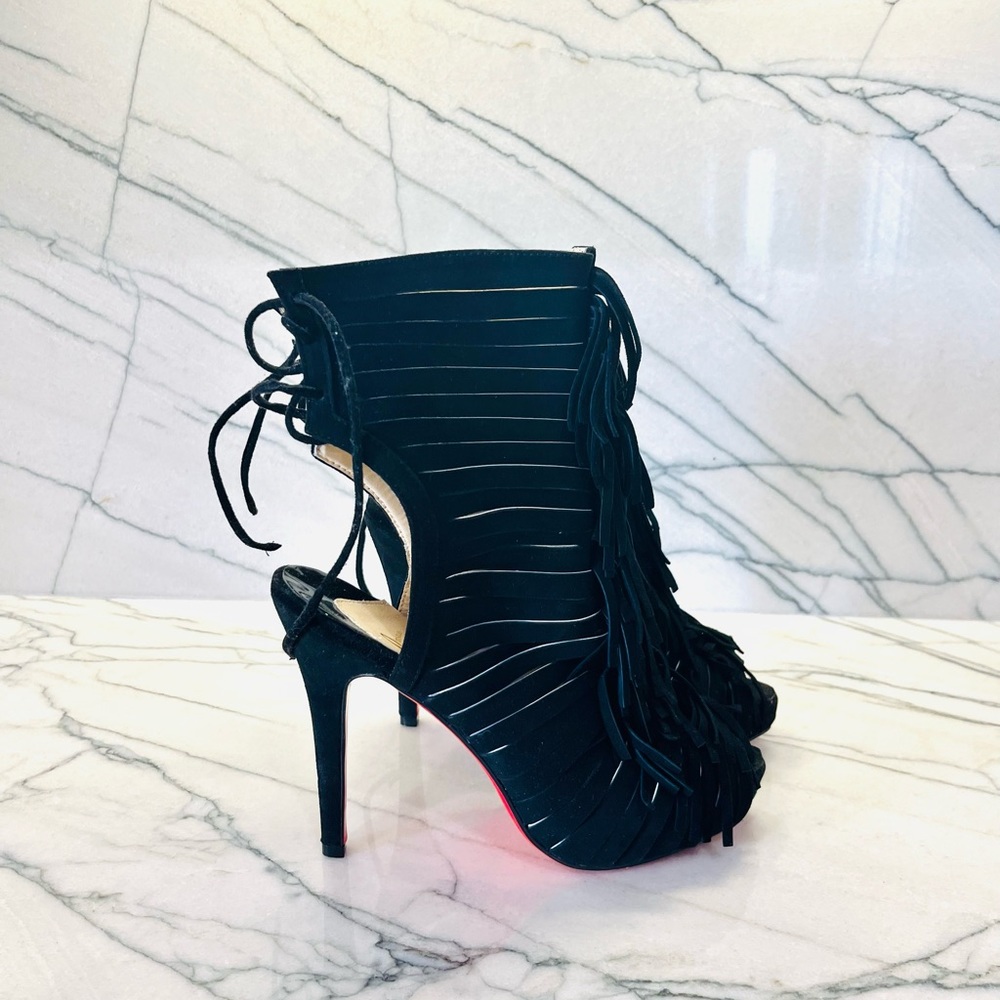 Christian Louboutin black suede fringe boot